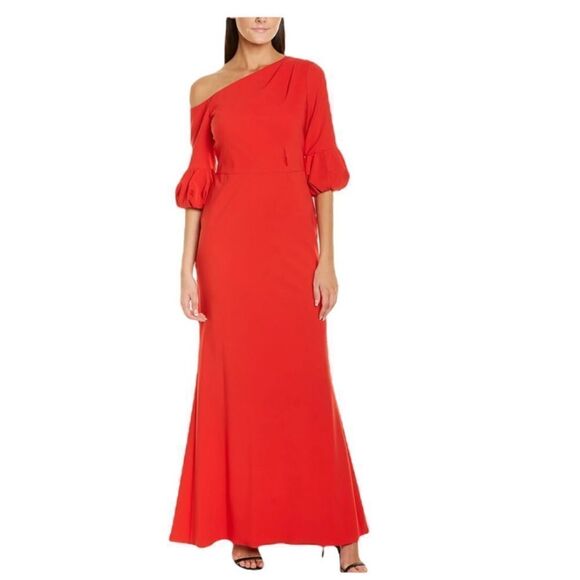 Aidan Mattox Asymmetrical Neck Line 3/4 Sleeve Red Gown - Picture 7 of 7